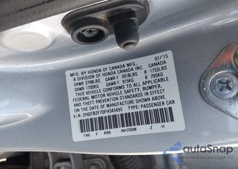 2015 Honda Civic Se from USA, damaged, VIN 2HGFB2F70FH545495